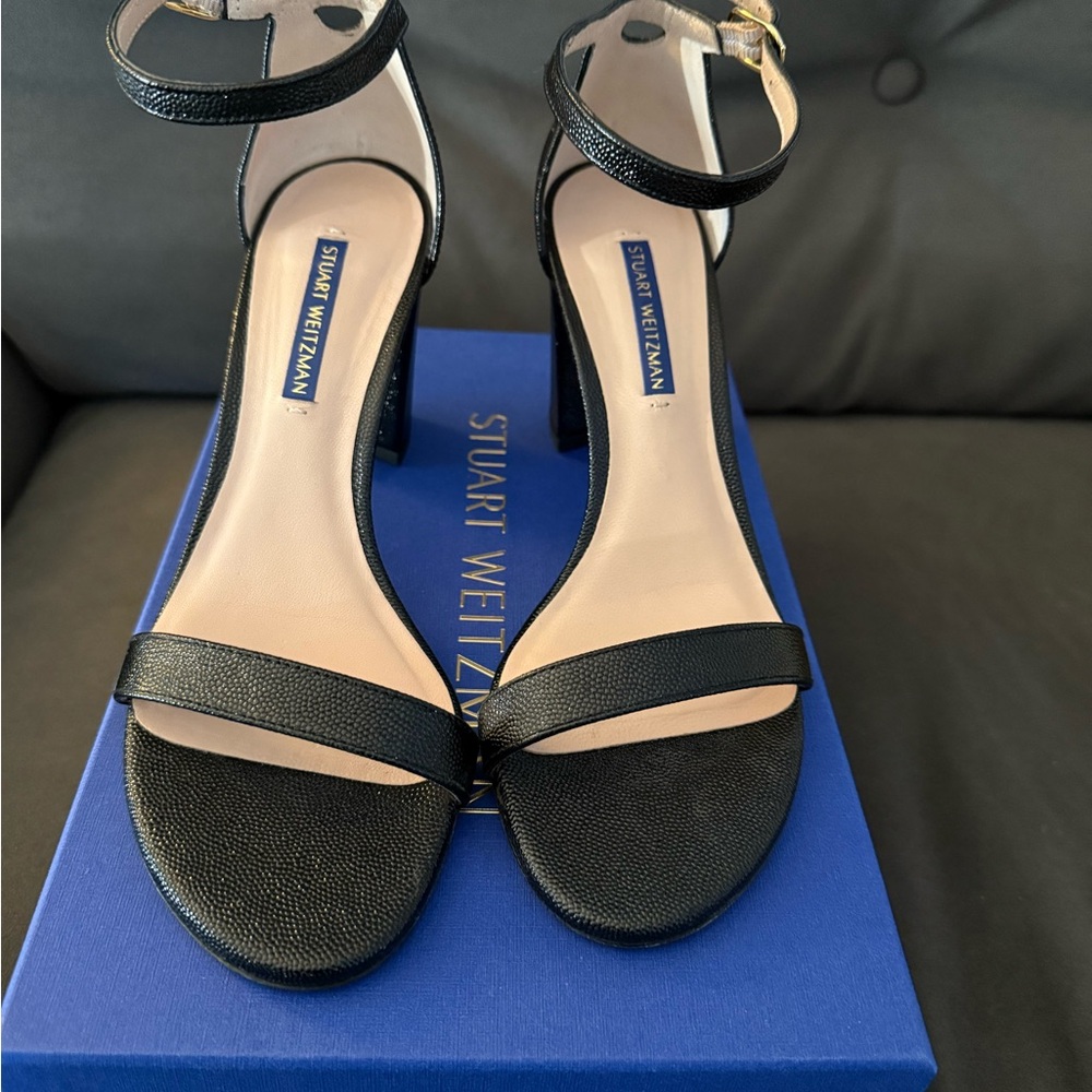 Stuart Weitzman Leather Sandals w/ Block Heel - Black Caviar, Size 7.5